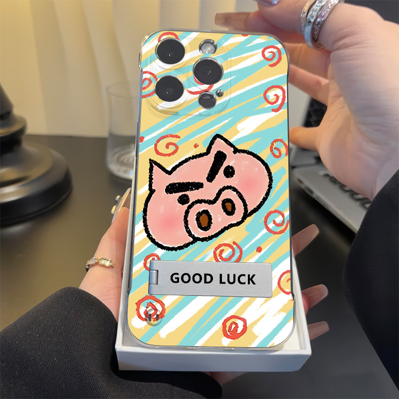 无边框iPhone13苹果17pm卡通带支架VIVOIQOO15透明超薄12硬14ProMax适用16PLUS高级感涂鸦肥嘟嘟左卫门手机壳