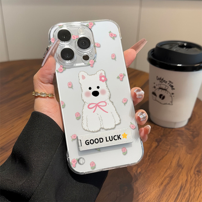 荣耀碎花西高地小狗OPPO小米15适用16promax超薄苹果14透明硬iPhone11无边框小清新13华为12手机壳带支架VIVO