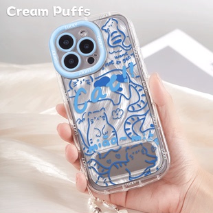 苹果13少女心小米17英文线条猫咪红米K90适用iPhone15手机壳软14plus镜子支架ins风带挂绳12羽纱泡芙16ProMax