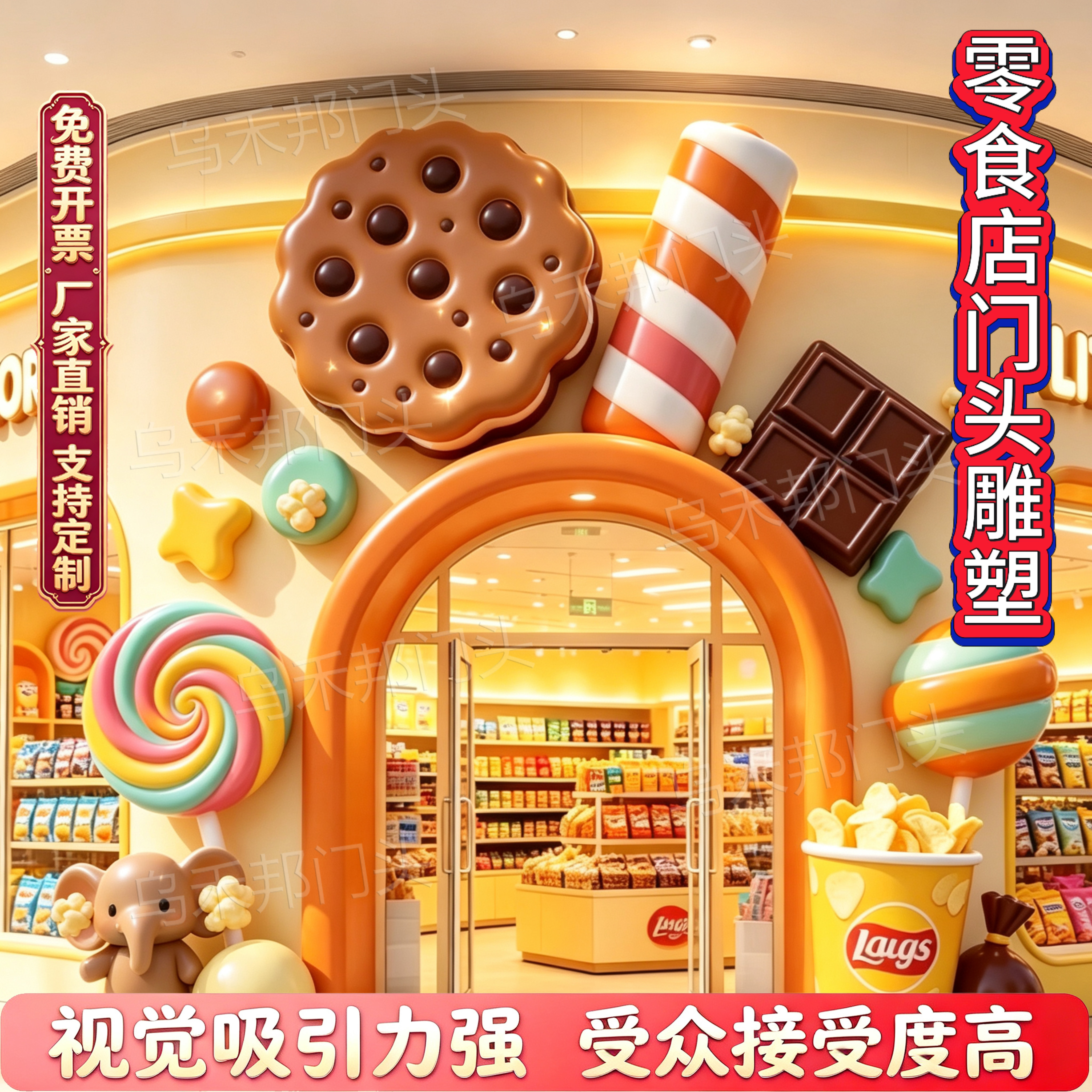 玻璃钢卡通甜甜圈立体门头零食店商超创意打卡奇曲饼干棒棒糖摆件