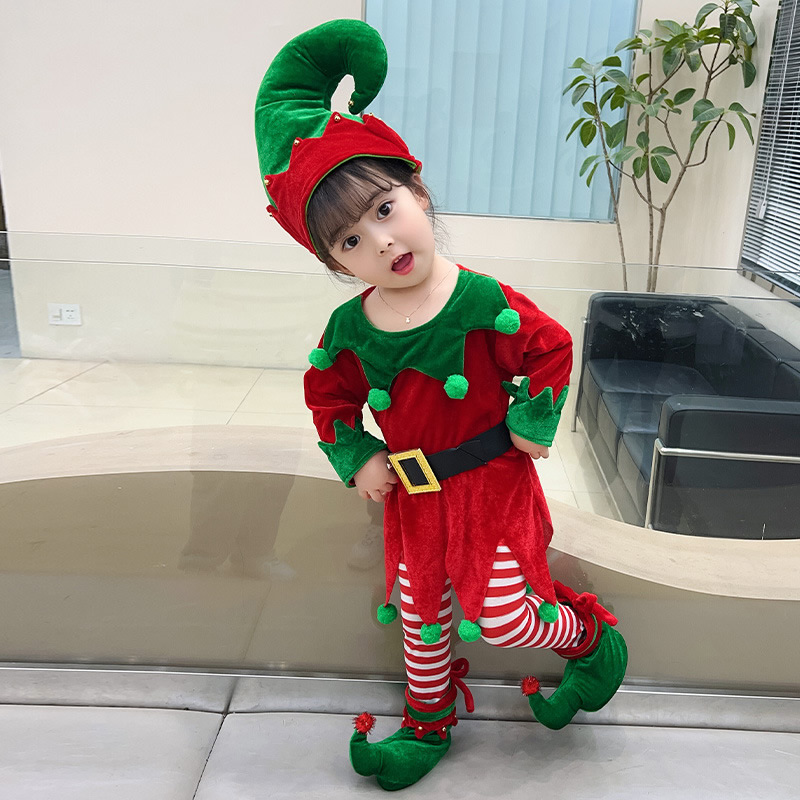 万圣节儿童服装cosplay圣诞主题穿搭绿色精灵公主裙幼儿园表演服