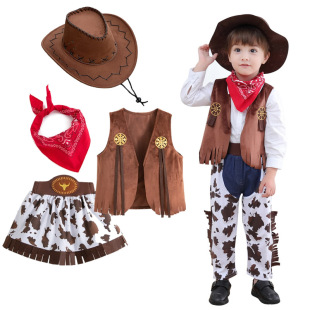 万圣节儿童服装cos服幼儿园演出服 扮演草原穿搭西部牛仔马甲套装