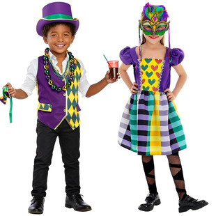 万圣节儿童服装狂欢格纹裙cos服化妆舞会派对面具女孩舞台演出服