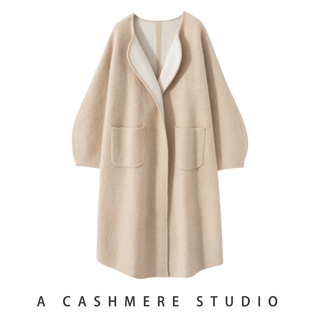 新款山羊绒空气层针织大衣外套女羊绒开衫中长款毛衣外套气质开衫