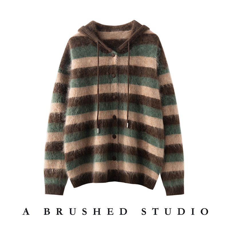 100%山羊绒拉绒连帽开衫迷雾森林厚款羊绒开衫帽子套头毛衣外套