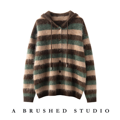 100%山羊绒拉绒连帽开衫迷雾森林厚款羊绒开衫帽子套头毛衣外套