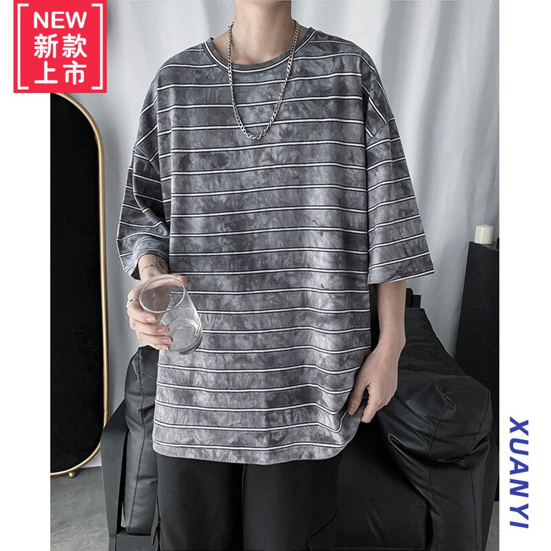 2020夏季新款紮染T恤男短袖條紋暗黑系ins潮牌七分袖寬松港風上衣在類目 男裝, 套裝, 時尚套裝中 - 來自Buy2taobao.com提供專業的淘寶代購服務