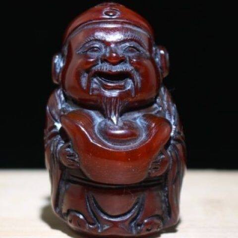 西藏天然赤红老牦牛角如意寿星财神手工雕刻吊坠手把件挂件摆件