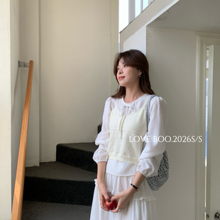两件套套装 LOVE 蕾丝领纯色小衫 设计镂空针织吊带背心 L5415 BOO