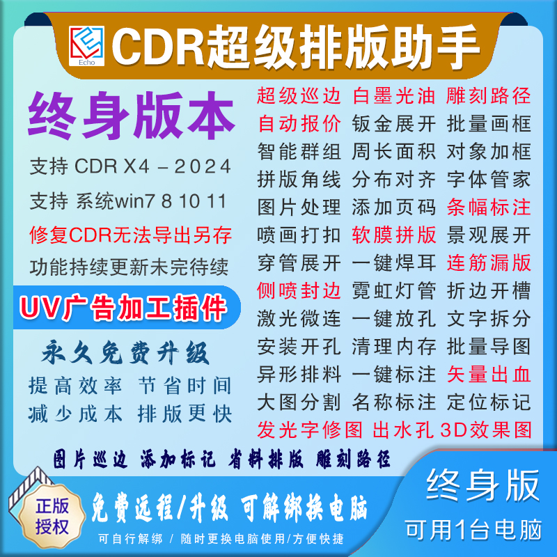 CDR超级套料插件 echo省料排版报价修图连筋UV雕刻封边巡边穿管字