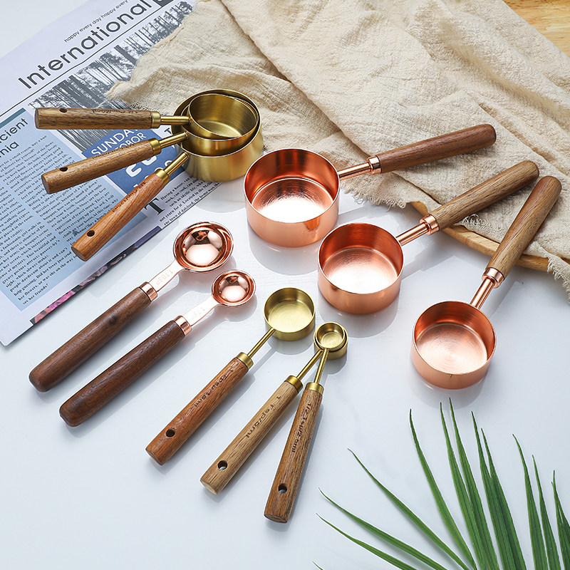 不锈钢套装木柄量勺带刻度定量勺猫粮计量杯果粉咖啡勺奶粉克数勺