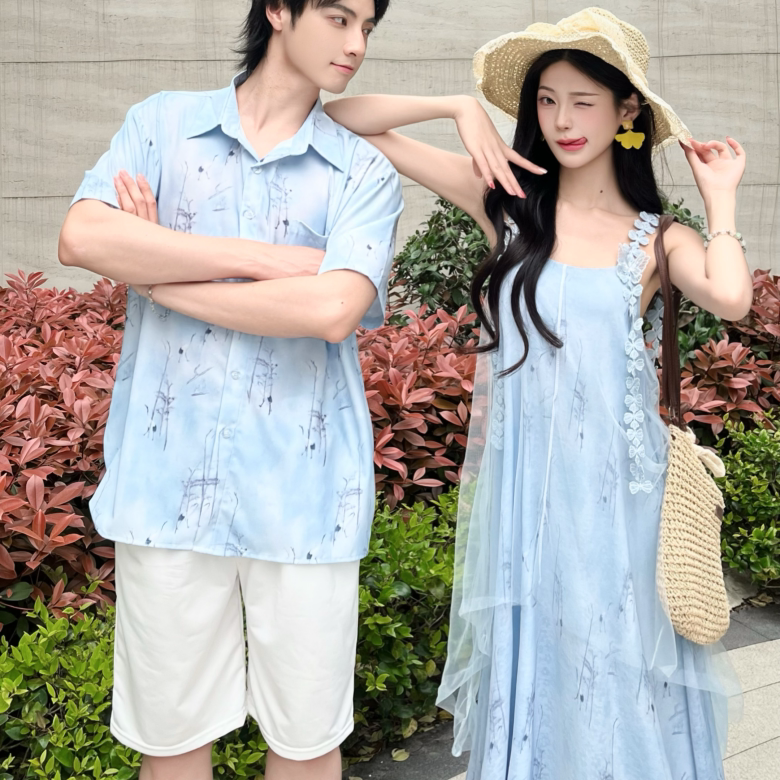 多巴胺海边渡假超仙连衣裙男衬衫
