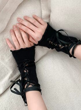 y2k千禧辣妹黑色绑带木耳边袖套女jk交叉设计感朋克万圣节cos手袖