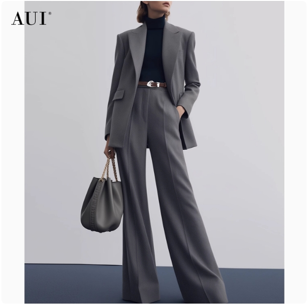 AUI黑色设计感职业气质长裤女2025春新款小众直筒高腰阔腿裤西裤