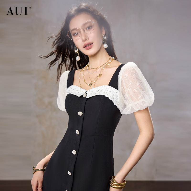 【添添kindiy】AUI黑色泡泡袖连衣裙气质开叉包臀裙-25W019560