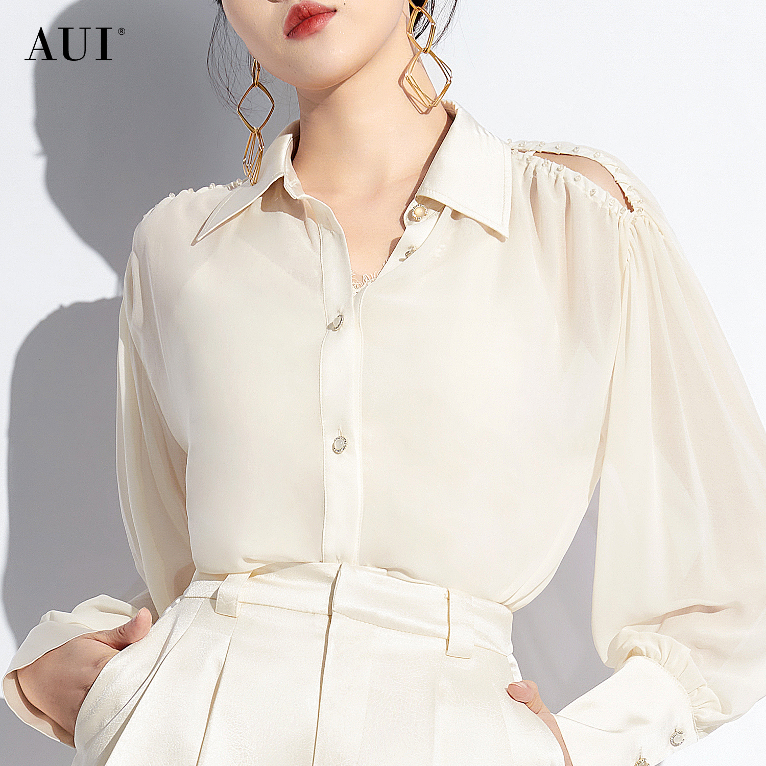 AUI「白月琉璃」设计感别致雪纺衬衫女2025春夏新款气质衬衣上衣
