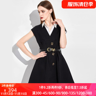 AUI黑色设计感小众假两件衬衫 POLO裙 连衣裙女2025夏新款 职业修身