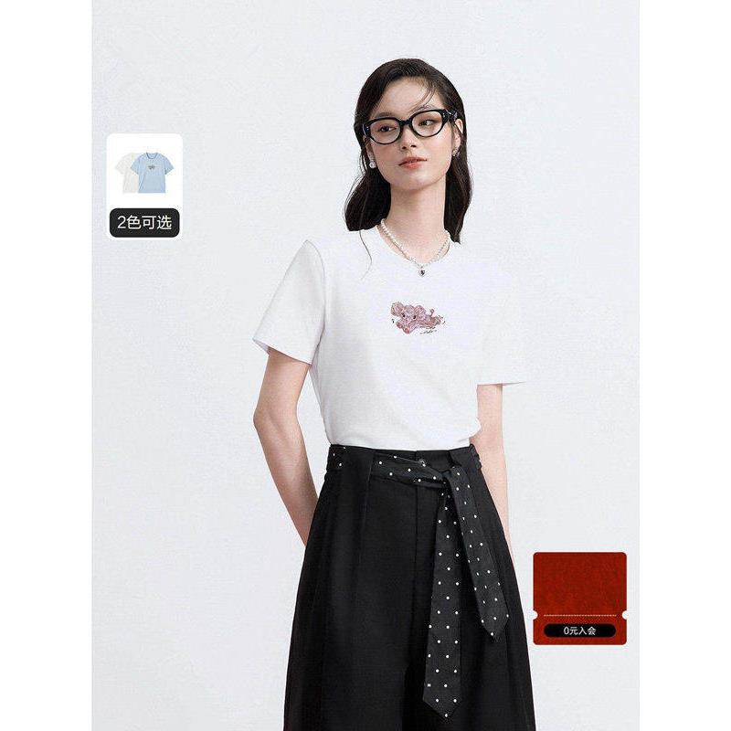 【商场同款】小象重工绣花短袖夏季新款修身上衣T恤女装C1CNG2118图片