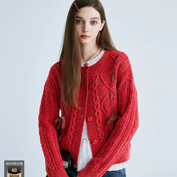 【商场同款】甜美绞花织带线开衫25年春季新款毛衣外套C1EDF1225,女装/女士精品,毛针织衫,淘宝优惠券,粉丝福利购,淘宝优惠卷