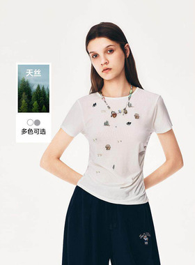 2026夏季新款小熊女装艺术感萌趣收腰抽绳刺绣短袖T恤重工刺绣