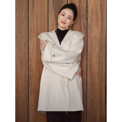 商场同款2025冬蒋欣同款中长款连帽双面毛呢大衣外套女1GB170222