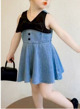 春夏款甜美牛仔童装洋气宝宝连衣裙无袖蝴蝶结牛仔裙