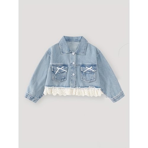 新款洋气韩版女童蕾丝花边拼接蝴蝶结翻领牛仔外套