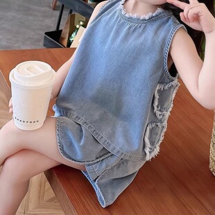 女童新款夏装牛仔套装洋气时髦宝宝儿童夏季无袖背心短裤两件套