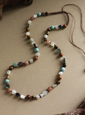 简约度假风老山檀松石编织项链女串珠轻奢小众高级感可抽拉长项链