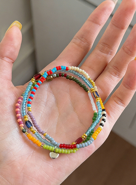 时尚彩色多巴胺小圆牌水彩套组手链女串珠轻奢小众高级感叠戴手饰