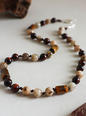 原创复古简约常石虎眼石项链配饰女轻奢小众高级感编织串珠锁骨链