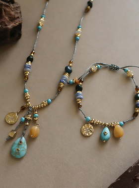 复古民族风流苏松石串珠长款项链女轻奢小众高级感手工编绳毛衣链