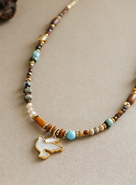 原创复古精致百搭和平鸽虎眼石松石串珠项链轻奢小众高级感锁骨链