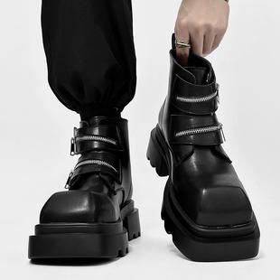 小众设计百搭方头烟筒马丁靴男高级感松糕底切尔西靴高帮德比皮鞋