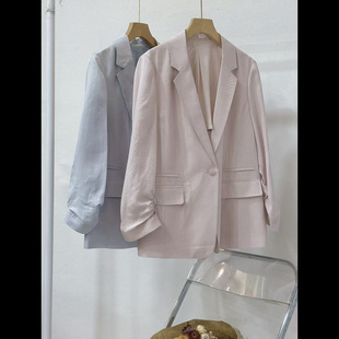 轻奢质感肌理100%醋酸褶皱七分袖西服女 春夏薄款修身西装外套