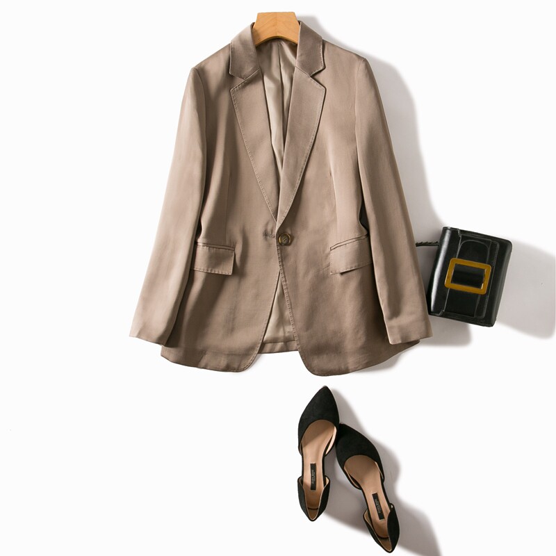 干练古铜色气质通勤一粒扣西装 高级缎面材质拱针压边修身西服女