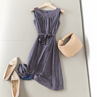 轻奢气质 法式小方领精致爱心印花显瘦系带收腰无袖连衣裙背心裙