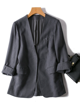 通勤OL气质款灰色V领无扣七分袖显瘦透气含亚麻西装外套女春夏薄