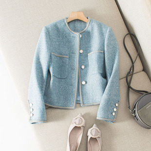 贼好看 优雅镶边双口袋适中厚度显瘦立体剪裁圆领小香风短外套女