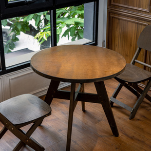 复古实木圆桌子折叠靠背椅客厅阳台家用餐桌咖啡桌民宿庭院茶几桌