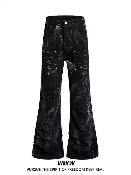 American High Street Vibe Spray-Painted Tie-Dye Flared Cargo Pants for Men and Women, Subculture Studded Cool Loose Slimming Long Pants
