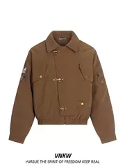 American Retro Airplane Buckle Embroidered Lapel Jacket Cotton Coat for Men and Women, Winter Loose Warm Thickened Cotton Jacket Trendy