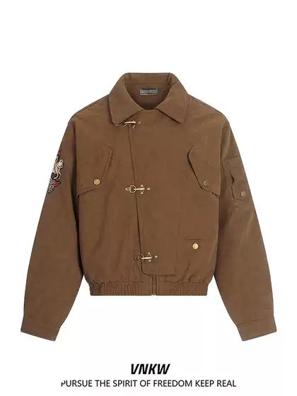 American Retro Airplane Buckle Embroidered Lapel Jacket Cotton Coat for Men and Women, Winter Loose Warm Thickened Cotton Jacket Trendy