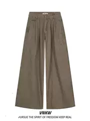 American Retro Washed Vintage Workwear Wide-Leg Pants for Men and Women, Mid-High Waist, Pleated, Simple Solid Color, Loose Casual Long Pants