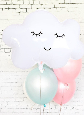 ins白色闭眼微笑大号云朵铝膜气球笑脸白云汽球生日庆典6.1装饰