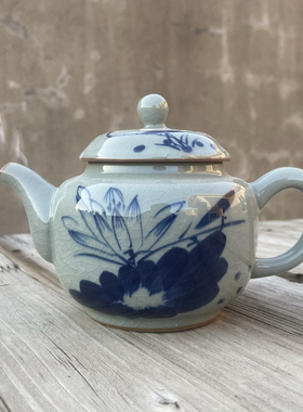 景德镇手绘青花荷韵茶壶老陶泥复古功夫泡茶壶日式开片冰裂釉茶具