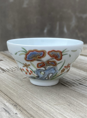 景德镇北岸丰堂灵芝兰石图五彩主人杯单杯女葫芦茶杯高端茶具陶瓷