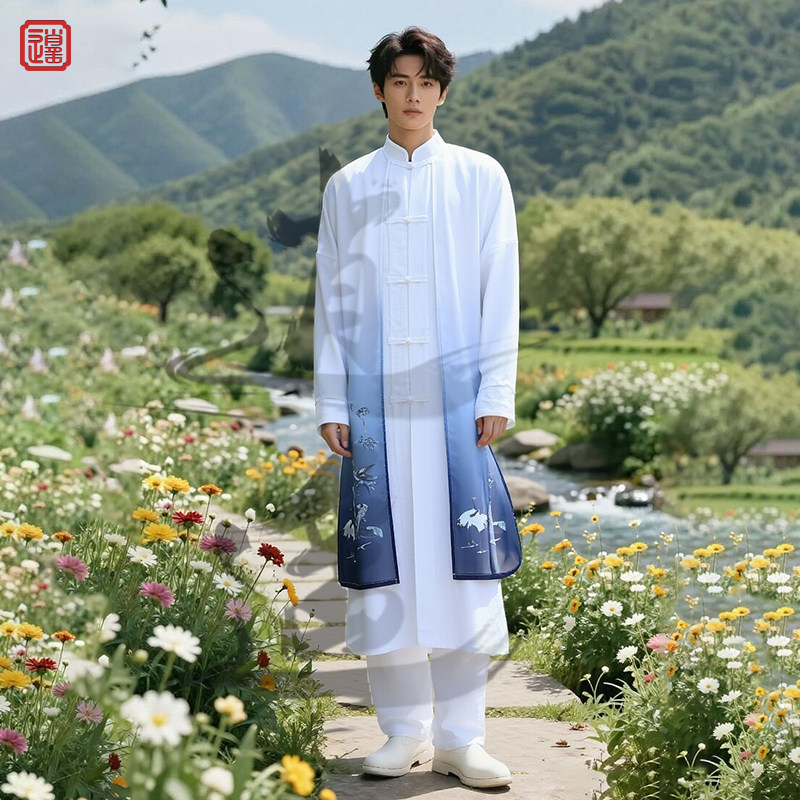 新中式立领棉麻假两件汉服长袍