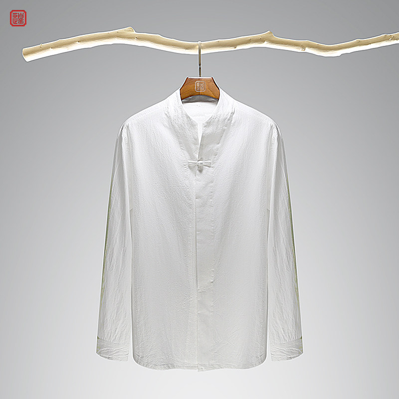棉麻男士衬衫长袖休闲宽松立领春季中国风男装亚麻复古衬衣外套男