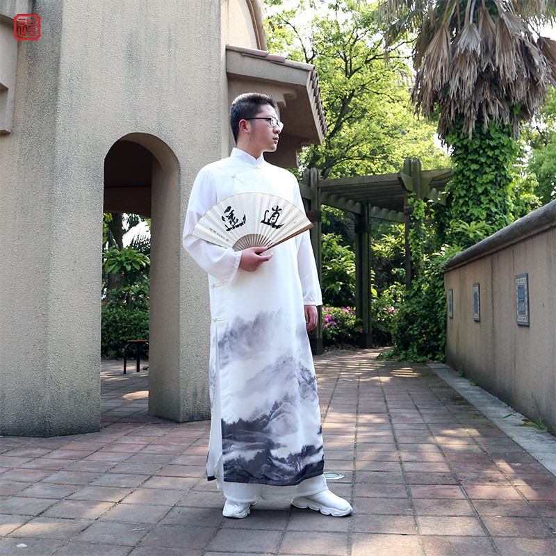 长衫男民国男e装薄款秋季复古中国风长版外套修身斜襟汉服印花长